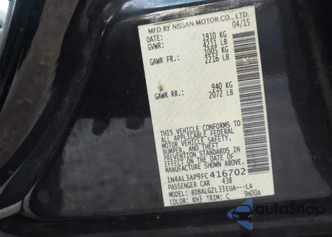 2015 Nissan Altima 2.5/2.5 S/2.5 Sl/2.5 Sv из США, поврежденный, VIN 1N4AL3AP9FC416702